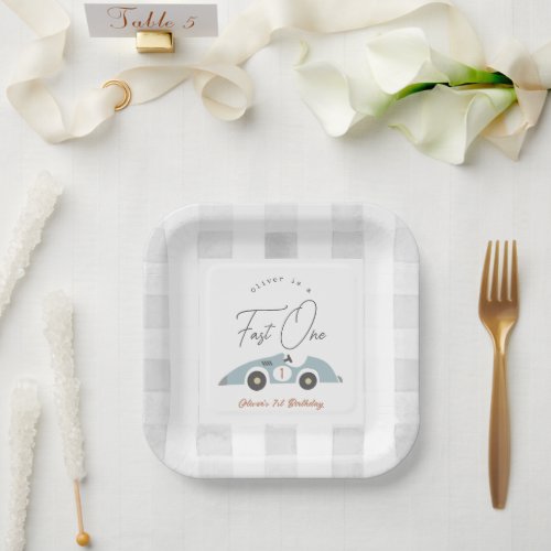 Fast One Blue Race Car Boy 1st Birthday Paper Plates