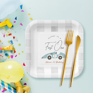 Fast One Blue Race Car Boy 1st Birthday Paper Plates
