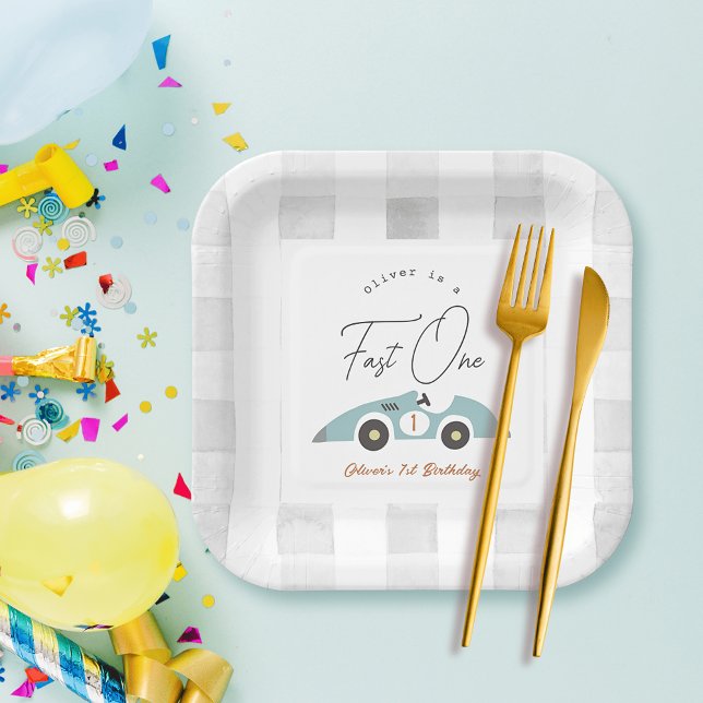 Fast One Blue Race Car Boy 1st Birthday Paper Plates (Creator Uploaded)