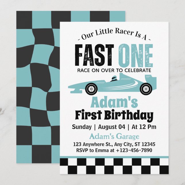 Fast One Blue Race Car Boy 1st Birthday Party  Invitation (Front/Back)