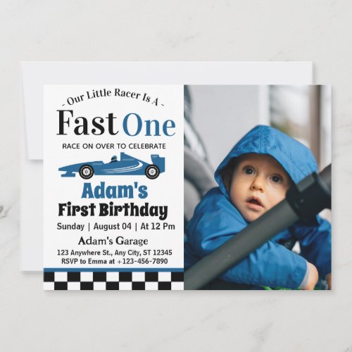 Fast One Blue Race Car Boy 1st Birthday Party  Invitation