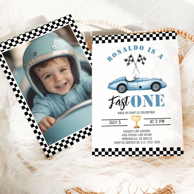 Fast One Blue race car Boy 1st Birthday Photo Invitation (Creator Uploaded)