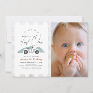 Fast One Blue Race Car Boy 1st Birthday Photo Invitation