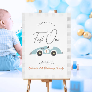 Fast One Blue Race Car Boy 1st Birthday Welcome Foam Board
