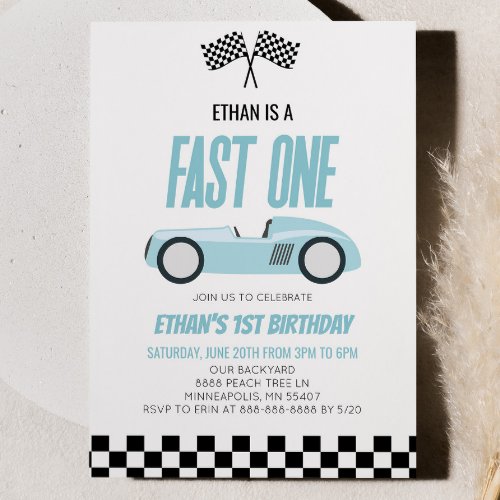 Fast One Blue Racecar Race Car 1st Birthday Party Invitation