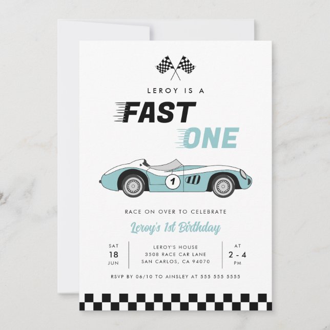 Fast One Blue Vintage Race Car Boy 1st Birthday Invitation (Front)