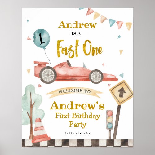 Fast One Boy First Birthday Racing Welcome Sign