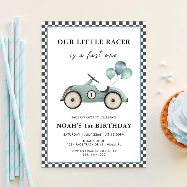 Fast One Boys Vintage Racing Car 1st Birthday Invitation | Zazzle