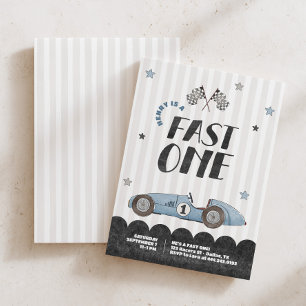Fast One Boys Watercolor Blue Racecar 1st Birthday Invitation