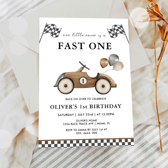 Fast One Brown Race Car Boys 1st Birthday Invitation (Creator Uploaded)