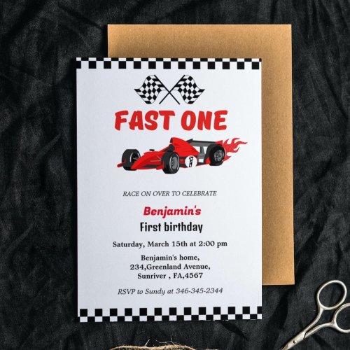 Fast one car race boy first birrthday party invitation