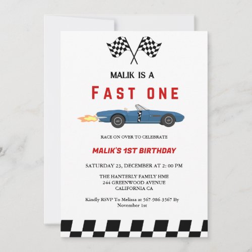 Fast one Car race Boy First Birthday Party  Invitation