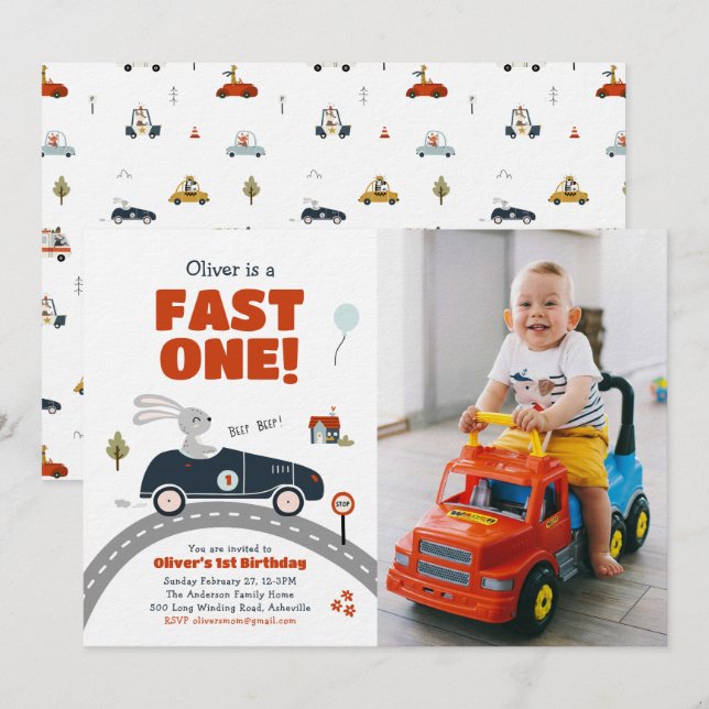 Fast One Cars 1st Birthday Invitation  (Front/Back)