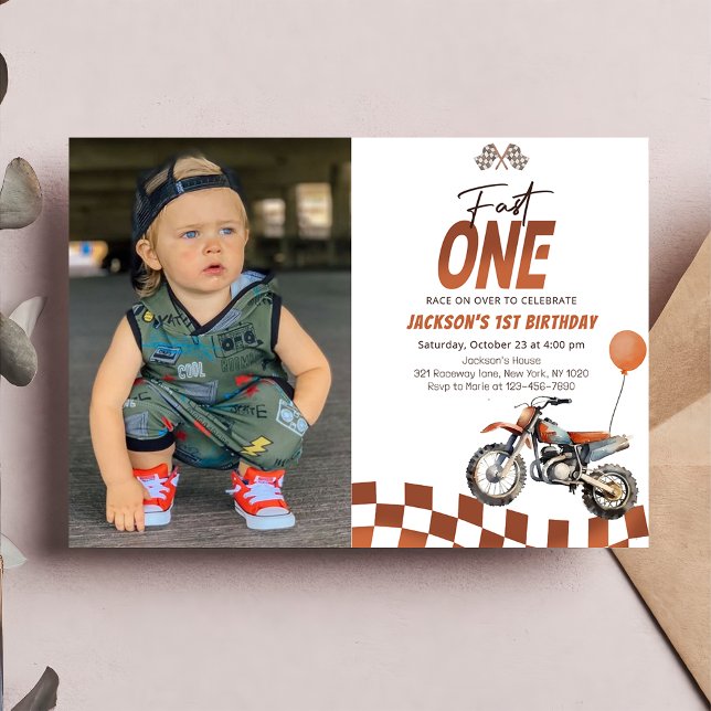 Fast One Dirt Bike Boy 1st Birthday Party Photo Invitation (Creator Uploaded)