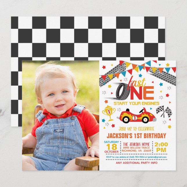 Fast One First Birthday Invitation with Photo  (Front/Back)