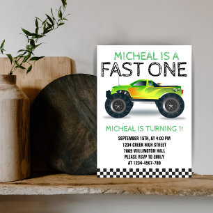 Fast One Green Monster Truck First Birthday  Invitation