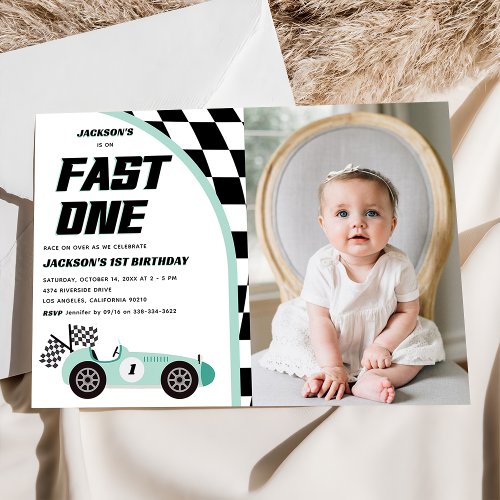 Fast One Green Race Car Birthday Party Invitation