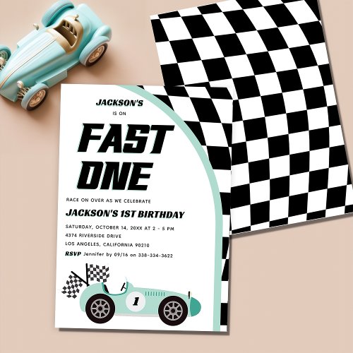 Fast One Green Race Car Birthday Party Invitation