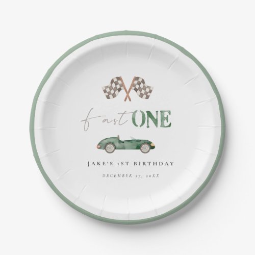 Fast ONE Green Retro Race Car Paper Plates