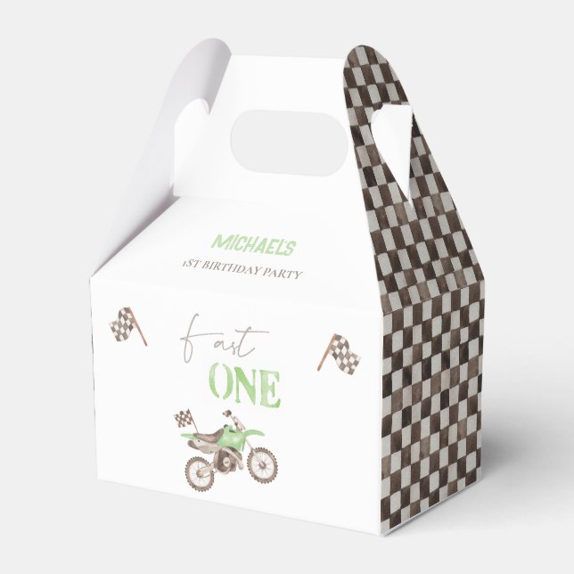 Fast ONE Lime Green Dirt Bike Birthday Favor Box (Front Side)