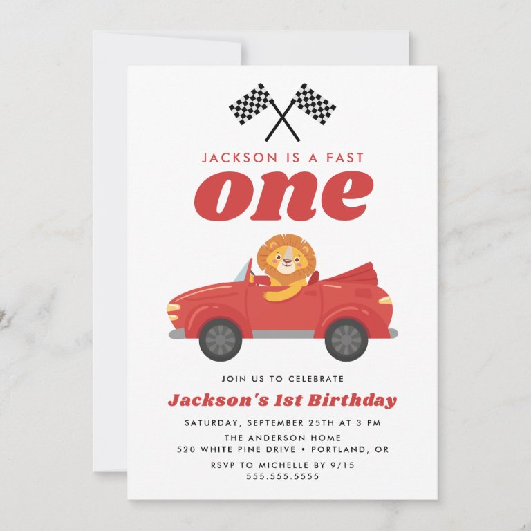 Fast One Lion Red Race Car Boy 1st Birthday Invitation