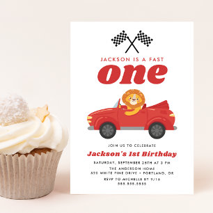 Fast One Lion Red Race Car Boy 1st Birthday Invitation