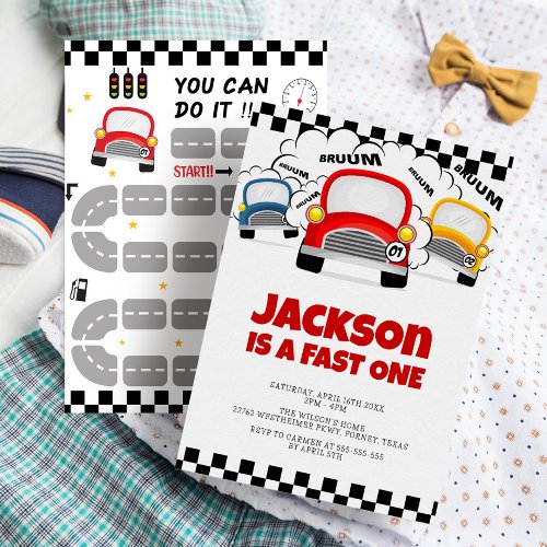 Fast One Modern Interactive Boy 1st Birthday Invitation