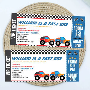 Fast One Monster Truck Race Ticket First Birthday Invitation