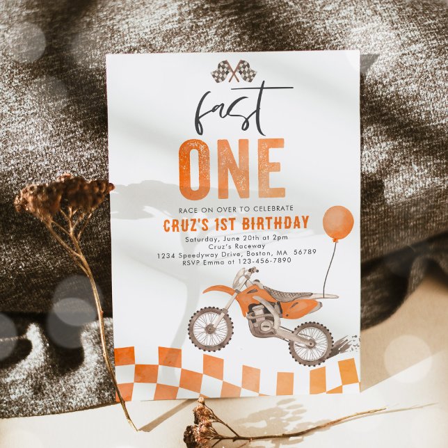 Fast One Orange Dirt Bike Boy 1st Birthday Party  Invitation (Creator Uploaded)