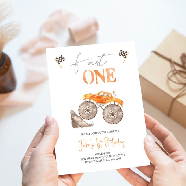 Fast ONE Orange Monster Truck Invitation  (Creator Uploaded)