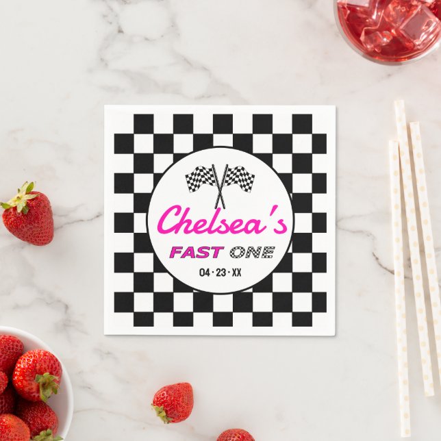 Fast ONE Pink Black White Race Car Flags Birthday  Napkins (Insitu)