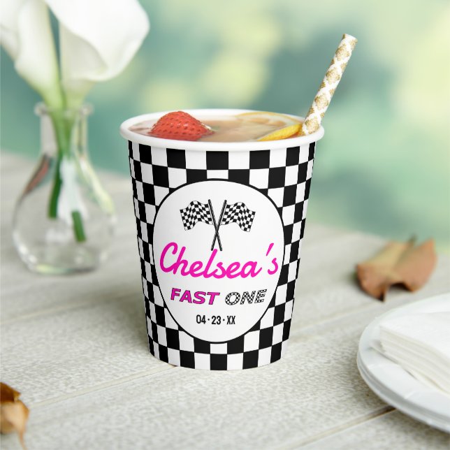 Fast ONE Pink Black White Race Car Flags Birthday  Paper Cups (Insitu)