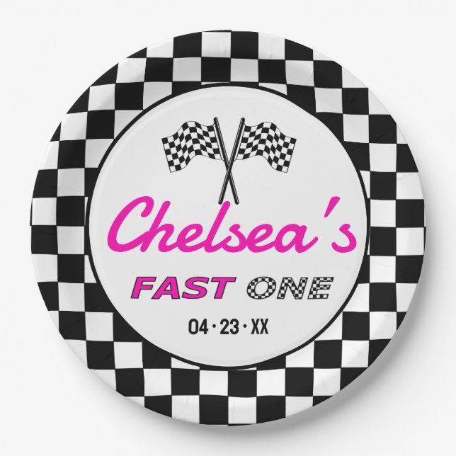 Fast ONE | Pink Custom Black White Race Car Flags Paper Plates (Front)