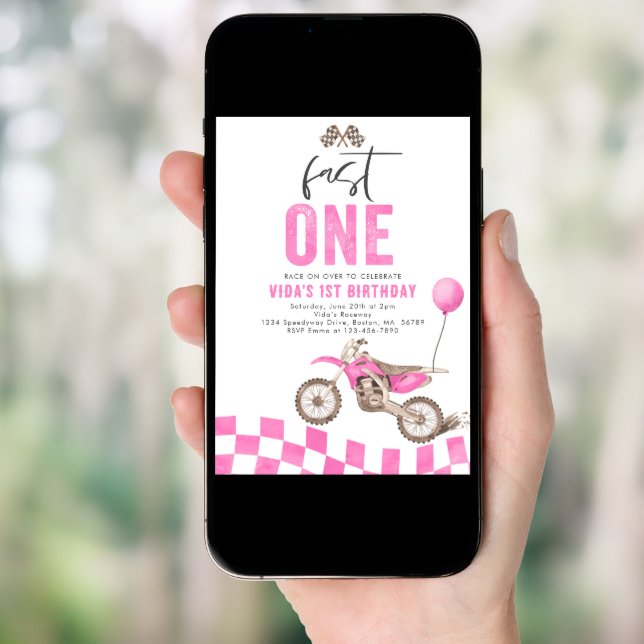 Fast One Pink Dirt Bike Girl 1st Birthday Party  Invitation (Front Digital)