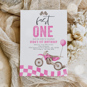 Fast One Pink Dirt Bike Girl 1st Birthday Party  Invitation