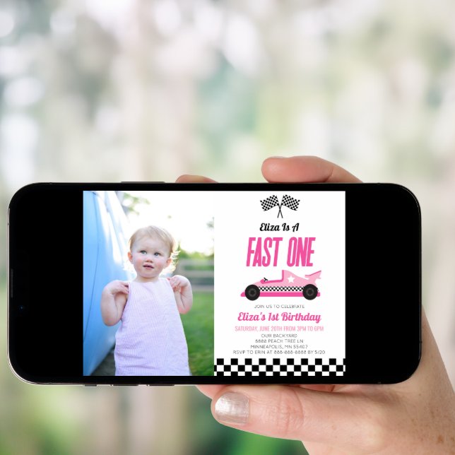 Fast One Pink Flame Race Car 1st Birthday Party Invitation (Front Digital)