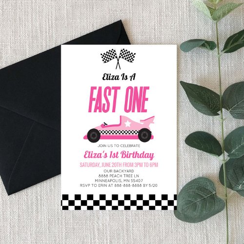 Fast One Pink Flame Race Car 1st Birthday Party Invitation