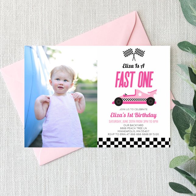 Fast One Pink Flame Race Car 1st Birthday Party Invitation (Creator Uploaded)