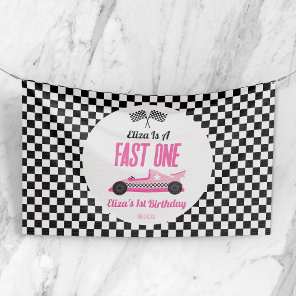 Fast One Pink Race Car First 1st Birthday Party Banner