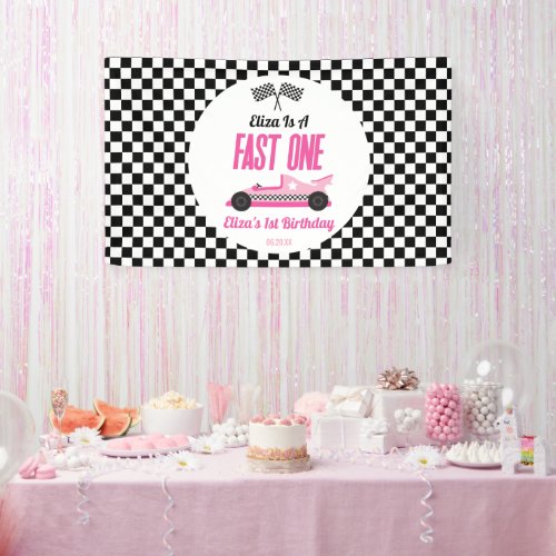 Fast One Pink Race Car First 1st Birthday Party Banner