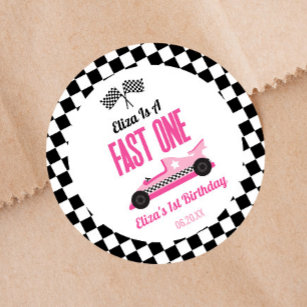 Fast One Pink Race Car First 1st Birthday Party Classic Round Sticker