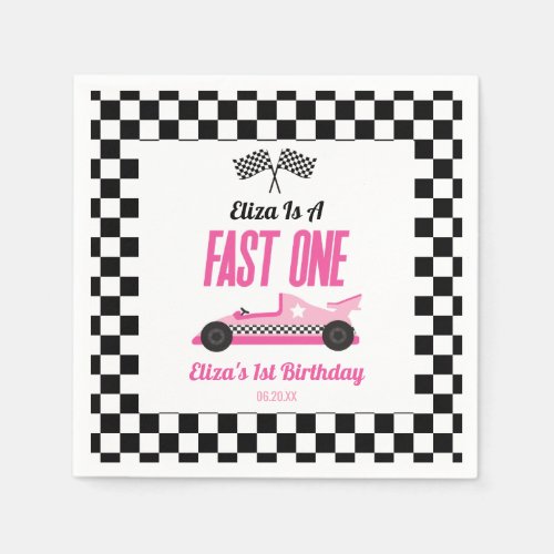 Fast One Pink Race Car First 1st Birthday Party Napkins