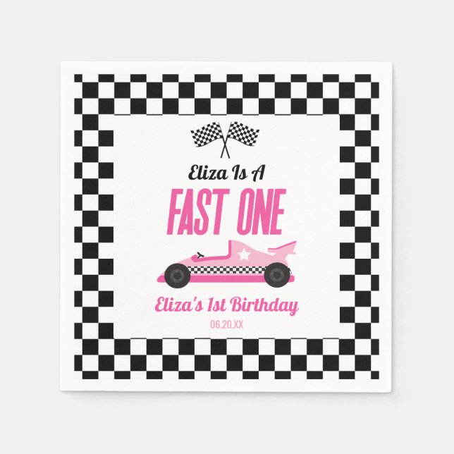 Fast One Pink Race Car First 1st Birthday Party Napkins (Front)