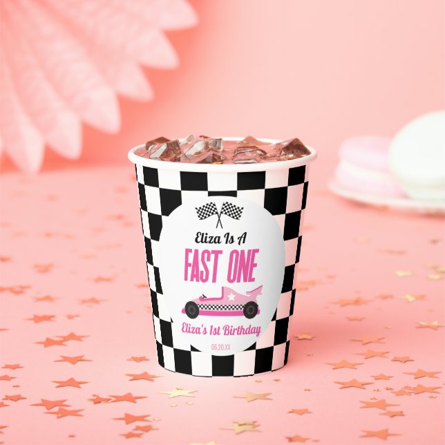 Fast One Pink Race Car First 1st Birthday Party Paper Cups (Insitu)