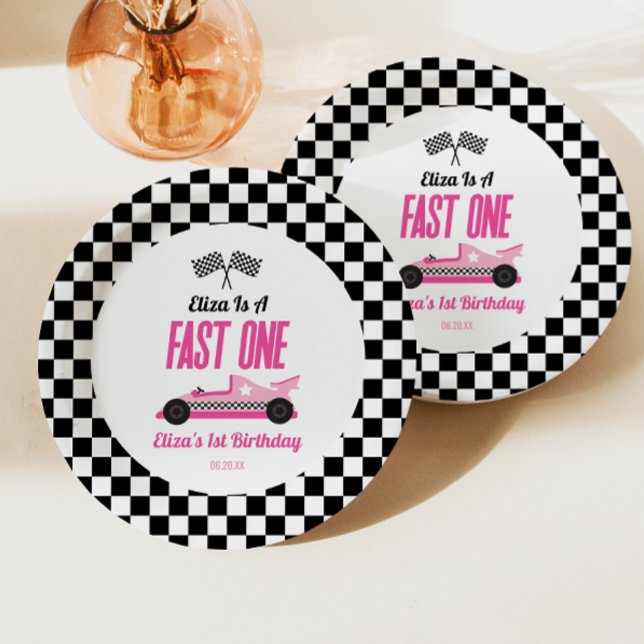 Fast One Pink Race Car First 1st Birthday Party Paper Plates (Creator Uploaded)