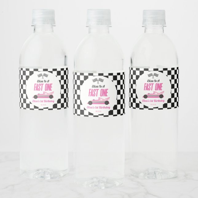 Fast One Pink Race Car First 1st Birthday Party Water Bottle Label (Bottles)