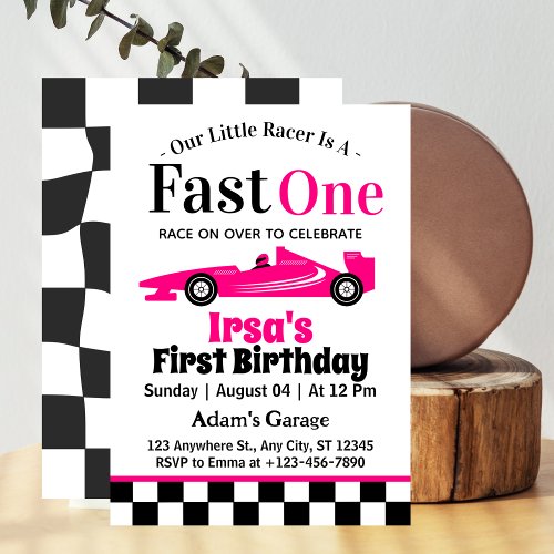 Fast One Pink Race Car Girl 1st Birthday Party  Invitation