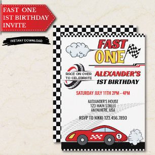 Fast One Race Car 1st Birthday Invitation   Red 