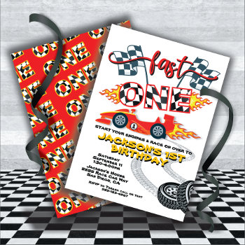 Fast One Race Car 1st Birthday Party Invitation by McBooboo at Zazzle
