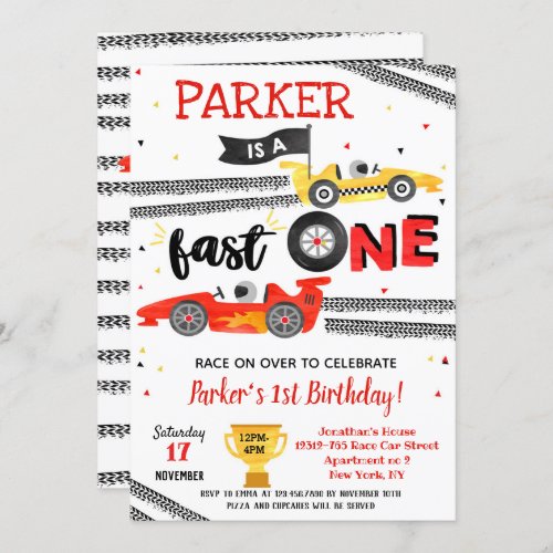 Fast One Race Car 1st Birthday Party Invitations 